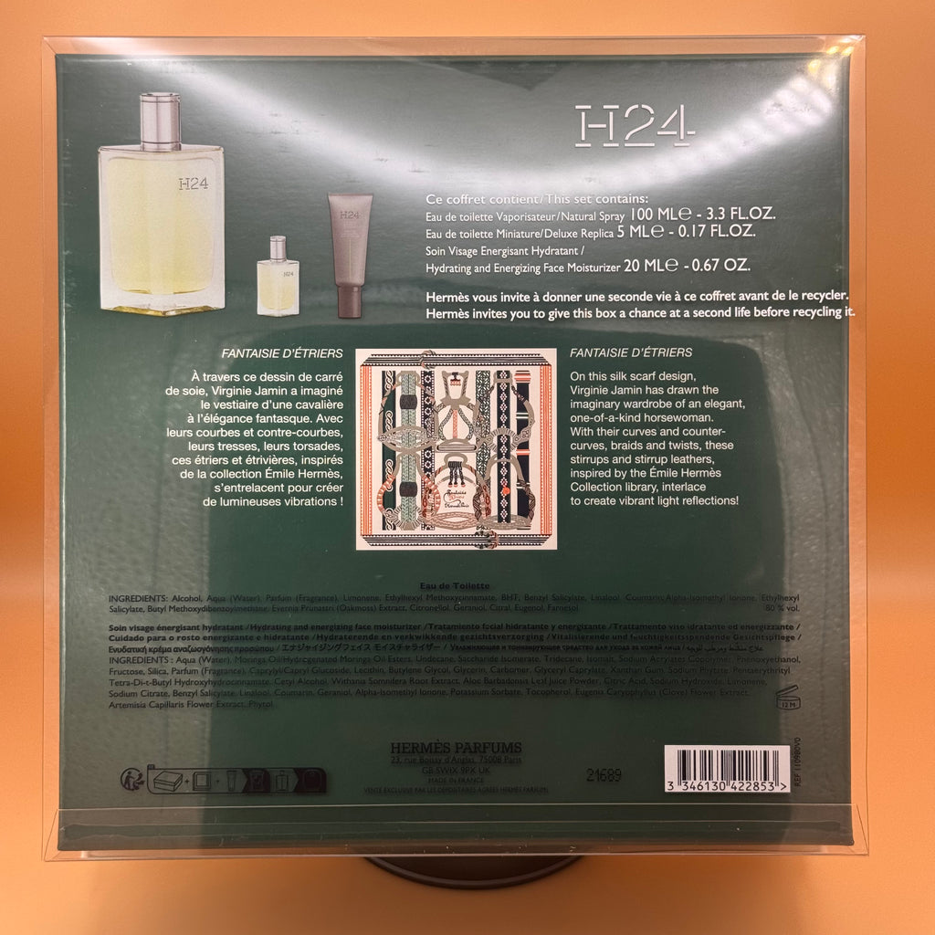 Back of a Hermès H24 perfume packaging with product images and text.