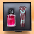 JOOP! Homme perfume bottle and shower gel in a black box on a beige background