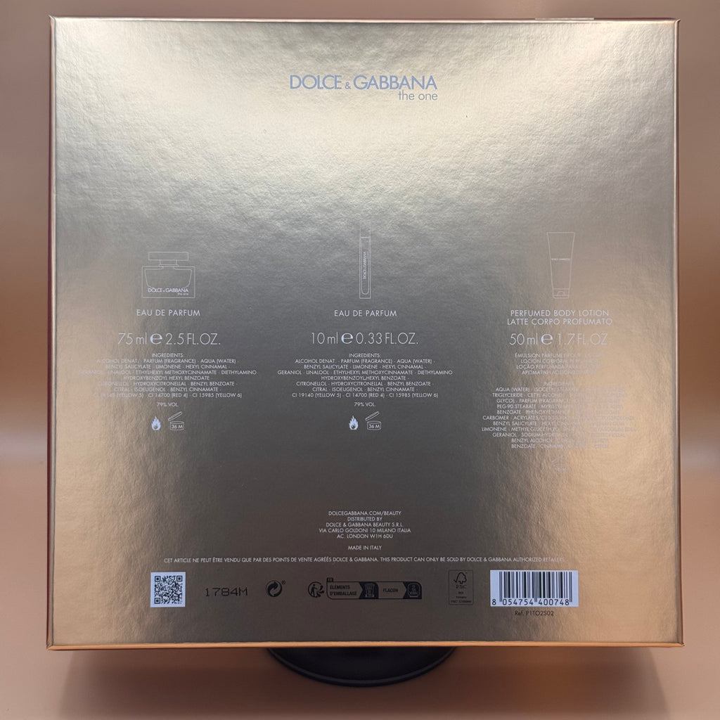 Back of a Dolce & Gabbana perfume packaging with product details.