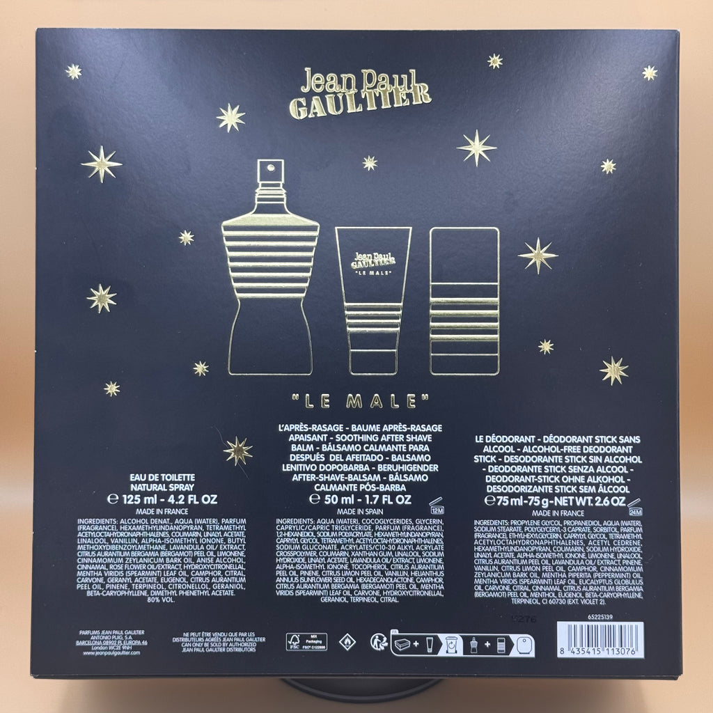 Back of a Jean Paul Gaultier 'Le Male' product packaging with illustrations and text.